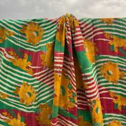 Handmade Patchwork Kantha Quilt Reversible Block Print Cotton Throw Blanket Bed Cover - thumbnail 3