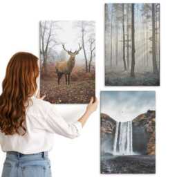 Canvas Set Of 3 - Forest Landscapes Wild Nature Deer, Gray Wall Art, Hanging Piece - thumbnail 1