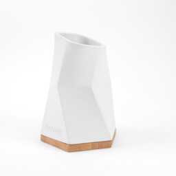 Modern Concrete Vase With Oak Base 15 cm High in Futuristic Design Minimalist Handmade Waterproof White Grey Dark - thumbnail 3