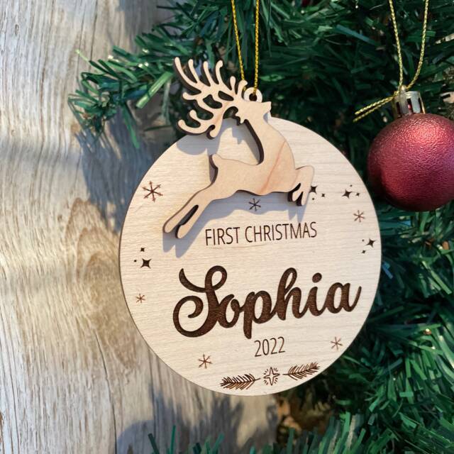 Personalised 1st Christmas Ornament, Engraved Bauble For New Baby, Baby Christmas, Wood - Bau002 - image 1