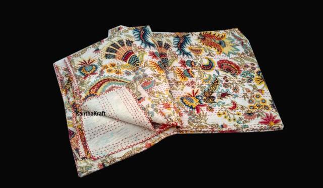 Crazy 2 Layer Unique Blue Queen/King Size Handmade Bed-Cover, Bedspread, Blanket, Coverlet, Linen Bed Sheet, 100% Cotton, Indian Kantha Quilts - image 1