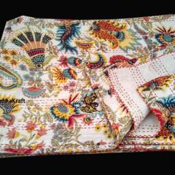 Crazy 2 Layer Unique Blue Queen/King Size Handmade Bed-Cover, Bedspread, Blanket, Coverlet, Linen Bed Sheet, 100% Cotton, Indian Kantha Quilts - thumbnail 2