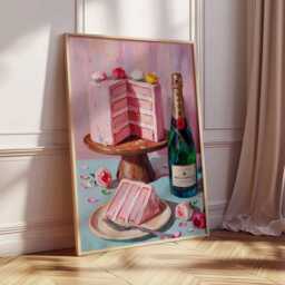 Champagne & Cake Wall Art Print - Modern Celebration Poster, Pink Dessert Artwork, Elegant Kitchen Dining Decor - thumbnail 3