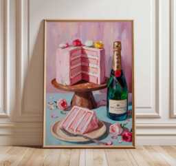 Champagne & Cake Wall Art Print - Modern Celebration Poster, Pink Dessert Artwork, Elegant Kitchen Dining Decor - thumbnail 1