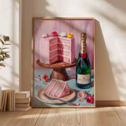Champagne & Cake Wall Art Print - Modern Celebration Poster, Pink Dessert Artwork, Elegant Kitchen Dining Decor - thumbnail 2