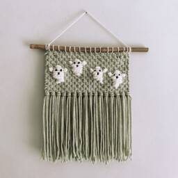 Ghost Halloween Fall Wall Hanging Decor - Handmade Macrame Woven Art Spooky Hippie & Fringe - thumbnail 2