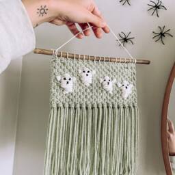 Ghost Halloween Fall Wall Hanging Decor - Handmade Macrame Woven Art Spooky Hippie & Fringe - thumbnail 4