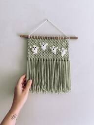 Ghost Halloween Fall Wall Hanging Decor - Handmade Macrame Woven Art Spooky Hippie & Fringe - thumbnail 1