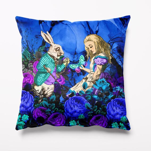 Alice in Wonderland Cushion Velvet Inky Blue 45cm X Cushions Pillows - Mad Hatters Tea Party Purple Pillow Maximalist - image 1