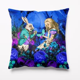 Alice in Wonderland Cushion Velvet Inky Blue 45cm X Cushions Pillows - Mad Hatters Tea Party Purple Pillow Maximalist - thumbnail 1