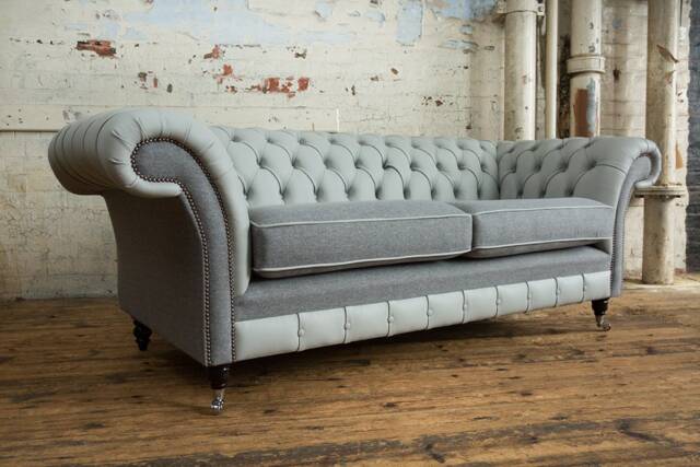 3 Seater Grey Leather Chesterfield Sofa, Herringbone Wool, British Handmade - image 1