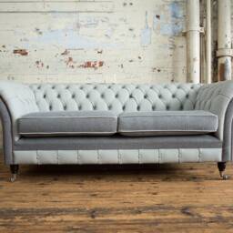 3 Seater Grey Leather Chesterfield Sofa, Herringbone Wool, British Handmade - thumbnail 2