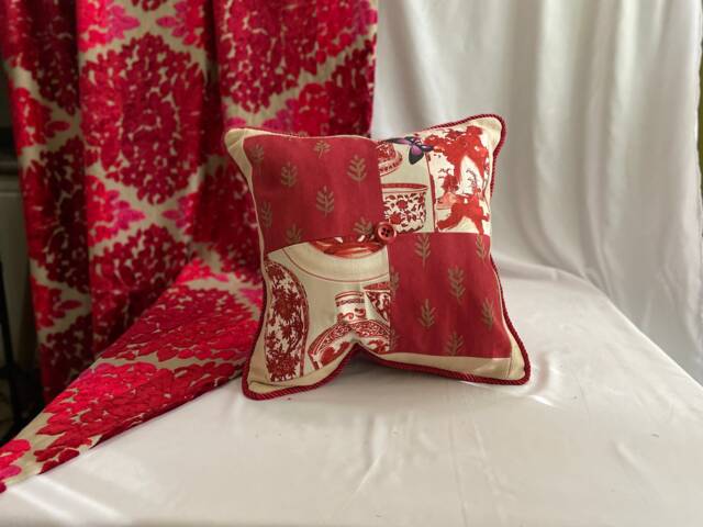 "Red & White Linen Pillow Cover Designer Floral Velvet Cushion - 20""x 20" - image 1