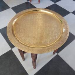 Handcrafted Moroccan Brass Tray Coffee Table Authentic Folding Table With Wooden Stand Living Room Decor - thumbnail 3