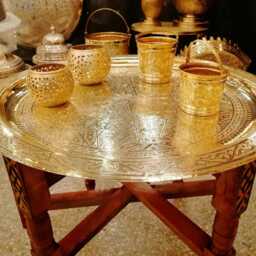 Handcrafted Moroccan Brass Tray Coffee Table Authentic Folding Table With Wooden Stand Living Room Decor - thumbnail 2
