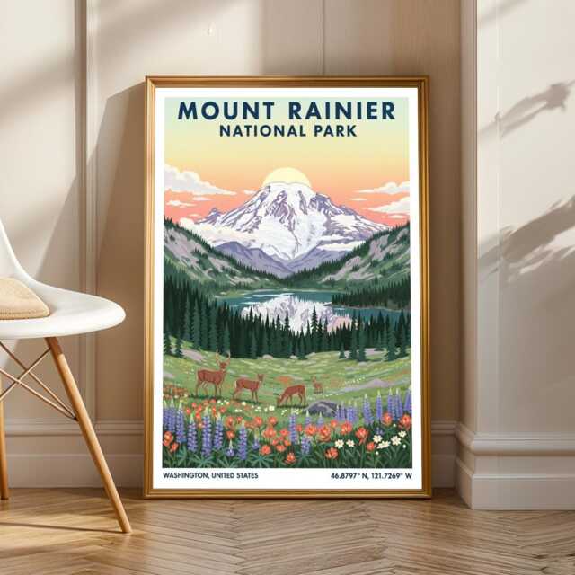 Mount Rainier National Park Poster Vintage Travel Landscape Art - image 1