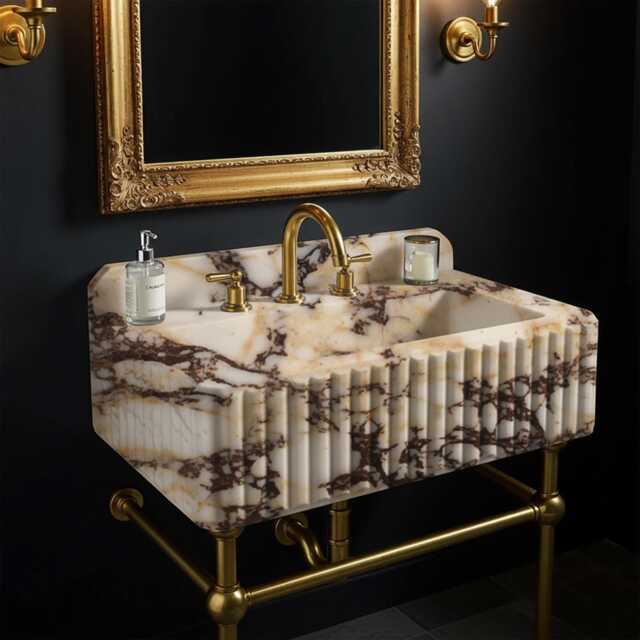 Luxury Bathroom Vanity With Calacatta Amber Viola Marble Sink - Featuring Custom Backsplash, Unique Vessel M5M003 - image 1