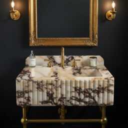 Luxury Bathroom Vanity With Calacatta Amber Viola Marble Sink - Featuring Custom Backsplash, Unique Vessel M5M003 - thumbnail 2