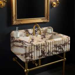 Luxury Bathroom Vanity With Calacatta Amber Viola Marble Sink - Featuring Custom Backsplash, Unique Vessel M5M003 - thumbnail 1
