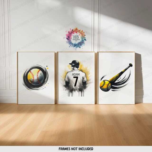 Personalized Baseball Prints - Set Of 3 Posters - Custom Boys Bedroom Decor Kids Wall Art Black & Yellow - image 1