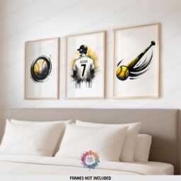 Personalized Baseball Prints - Set Of 3 Posters - Custom Boys Bedroom Decor Kids Wall Art Black & Yellow - thumbnail 2