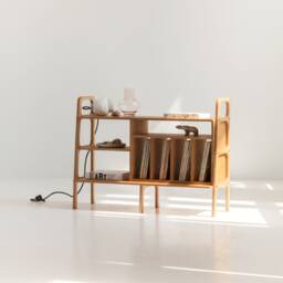 Record Player Stand 120 cm, Mid Century Vinyl Credenza With Open Shelves & Lp Storage, Wooden Media Console, Turntable Stand, Handmade