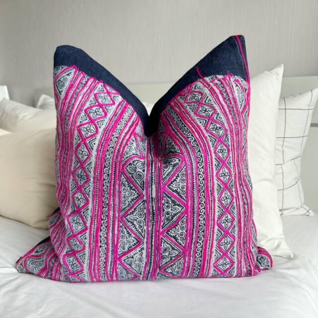 Hmong Pillow Cover. Hand Block Print Fabric. Patch Work. Vintage Textile. Cushion Cover - image 1