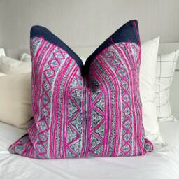 Hmong Pillow Cover. Hand Block Print Fabric. Patch Work. Vintage Textile. Cushion Cover - thumbnail 1
