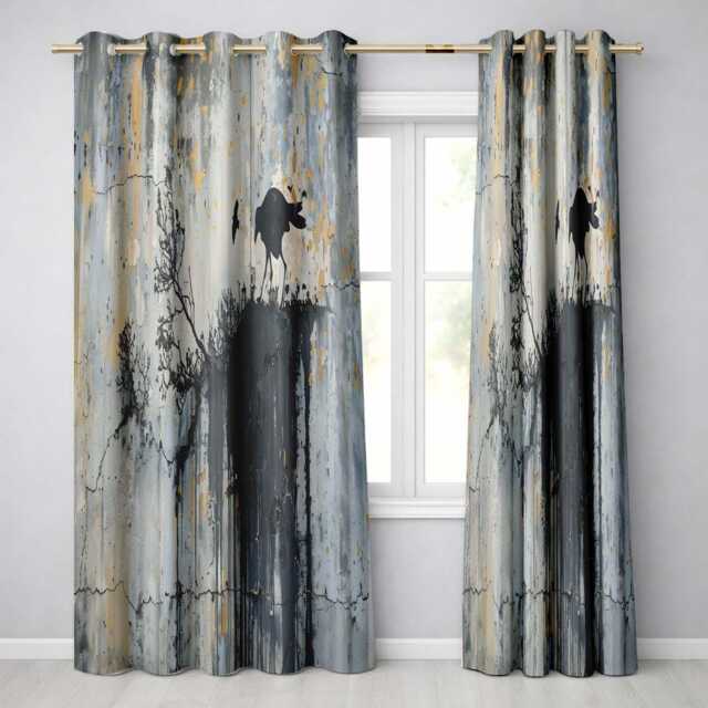 Minimalist Black Crow On Weathered Concrete Wall Unique Artwork For Bedroom Decor Readymade Eyelet Ring Top Thermal 100% Blackout Curtains - image 1