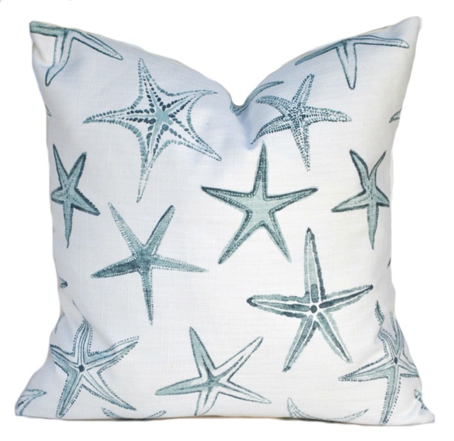 Coastal Shells Pillow Cover, Starfish Cushion, Decorative Throw Pillow, Teal Sage Blue Accent Scott Brothers, Beach - image 1