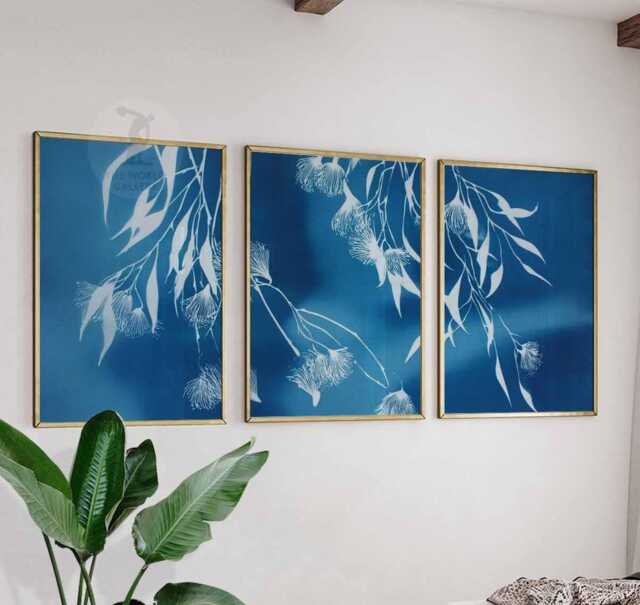 Set Of 3 Cyanotype Botanical Wall Art Prints, Blue Leaf Posters, Modern Nature Home Decor - image 1