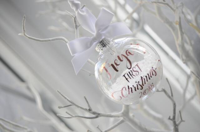 Snow Filled Personalised First Christmas Bauble Rose Gold, Blue Christmas, Baby Gift, New Bauble, 2024 - image 1