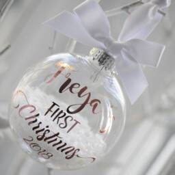 Snow Filled Personalised First Christmas Bauble Rose Gold, Blue Christmas, Baby Gift, New Bauble, 2024 - thumbnail 3