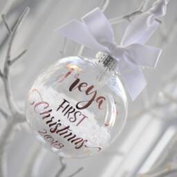 Snow Filled Personalised First Christmas Bauble Rose Gold, Blue Christmas, Baby Gift, New Bauble, 2024 - thumbnail 2