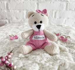 Personalized Handmade Crochet Teddy Bear Toy, Gender Party Decor, Gift For New Mom, Newborn Photo Props - thumbnail 1