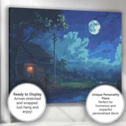 Moonlit Countryside Cottage River Night Landscape Canvas Wall Art Print Decor Picture Ready To Hang - thumbnail 3