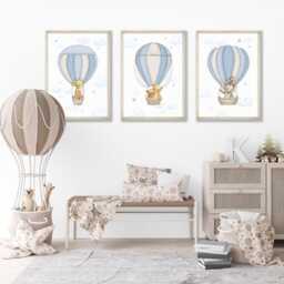 Hot Air Balloon Nursery Prints Safari Animal Wall Art Set Of 3 - thumbnail 3