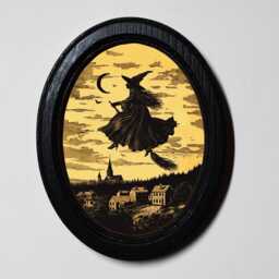 Halloween Black Oval Wooden Framed Picture, 3 X 4 Gothic Print, Witchy Wall Hanging, Flying Witch - thumbnail 1
