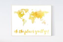 Watercolor World Map Print Yellow Nursery Wall Art - thumbnail 1