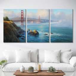 San Francisco Golden Gate Bridge 3 Panel Split Canvas Wall Art Fog California Oil Painting Framed Home Decor Usa Travel Gift - thumbnail 2