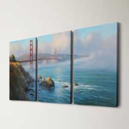 San Francisco Golden Gate Bridge 3 Panel Split Canvas Wall Art Fog California Oil Painting Framed Home Decor Usa Travel Gift - thumbnail 1