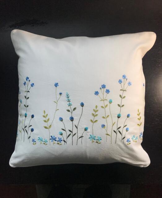 Embroidered Cotton Pillow Cover White Cushion Pillowcase With Blue & Sky Flower Wedding Birthday Easter Housewarming Mother Gift - image 1