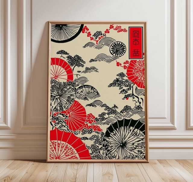Japanese Fan Wall Art, Oriental Red Sun Poster Print, Traditional Asian Artwork, Cherry Blossom Decor, Cultural Illustration Print - image 1
