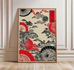 Japanese Fan Wall Art, Oriental Red Sun Poster Print, Traditional Asian Artwork, Cherry Blossom Decor, Cultural Illustration Print - thumbnail 1