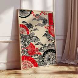 Japanese Fan Wall Art, Oriental Red Sun Poster Print, Traditional Asian Artwork, Cherry Blossom Decor, Cultural Illustration Print - thumbnail 2