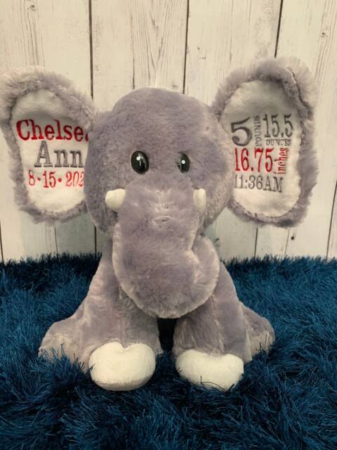 Custom Birth Stats Elephant Plush - Baby Shower Gift, Nursery Keepsake - Gray - image 1