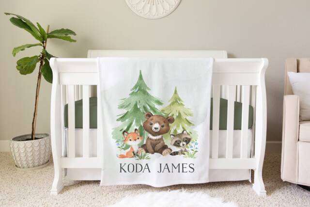 Woodland Blanket, Personalized Baby Blanket Gift, Toddler Forest Decor, Birthday Theme - image 1
