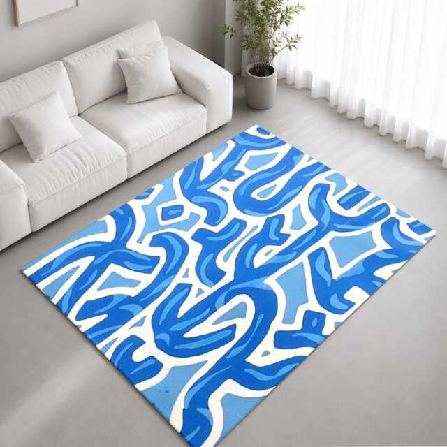 Blue White Abstract Maze Pattern Rug Non-Slip Soft Area Carpet Bedroom Living Room Hallway Mat Decor - Made in UK - image 1