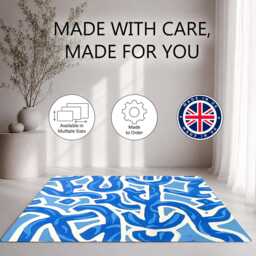 Blue White Abstract Maze Pattern Rug Non-Slip Soft Area Carpet Bedroom Living Room Hallway Mat Decor - Made in UK - thumbnail 2