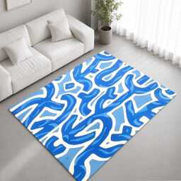Blue White Abstract Maze Pattern Rug Non-Slip Soft Area Carpet Bedroom Living Room Hallway Mat Decor - Made in UK